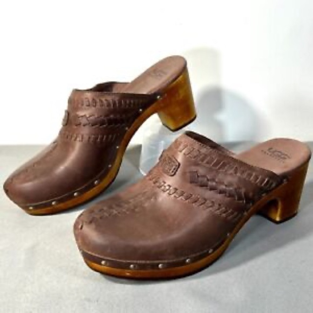 Ugg Australia Vivica Leather Wooden Clogs Mules
